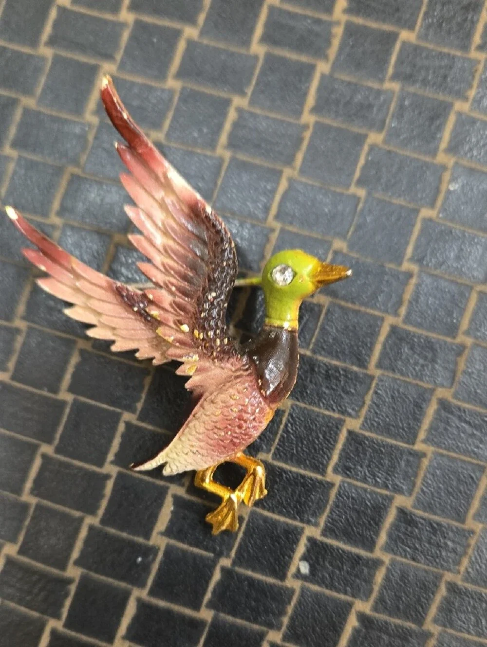 Enamel Mallard Duck Vintage Brooch in Green and Brown - Classic Bird Pin 1960s